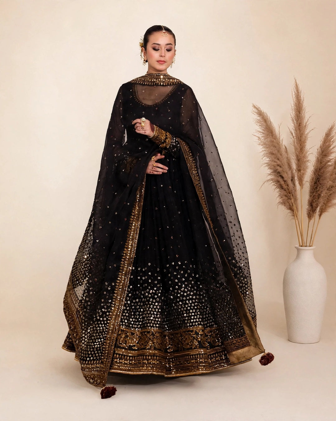Jahan Ara Black Kalidar Suit | Chiffon Bamber Silk 3 Piece