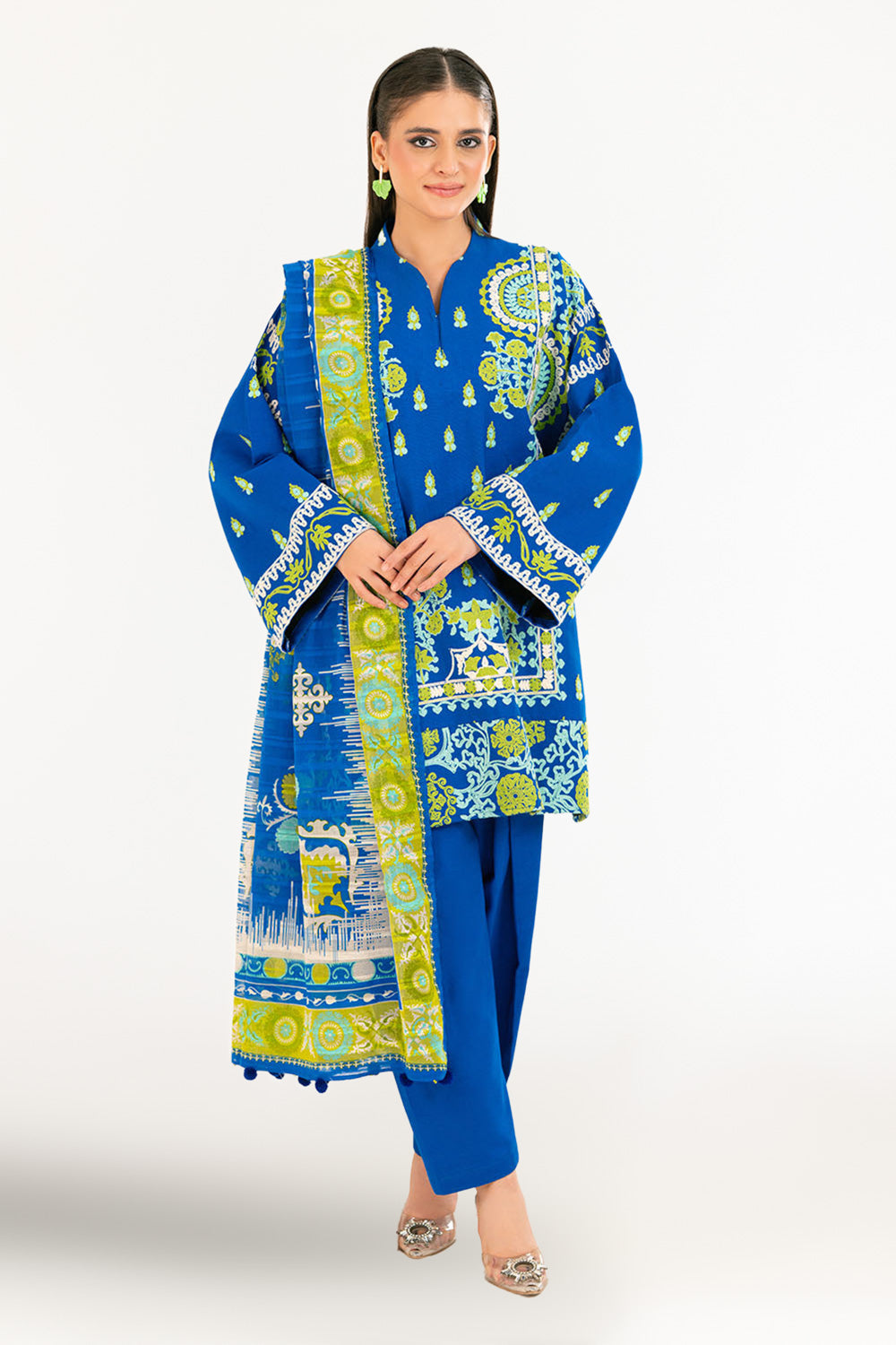 3 Piece Embroidered Khaddar Suit with Stripe Dupatta and Border