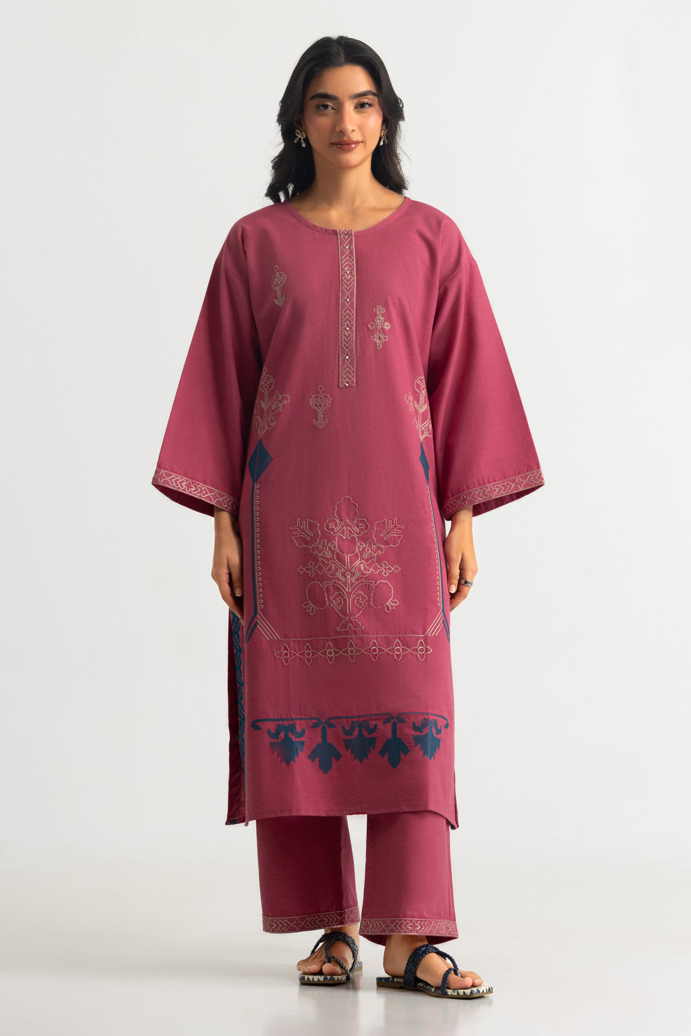 Karandi Gold Slub Embroidered Co-Ord Set