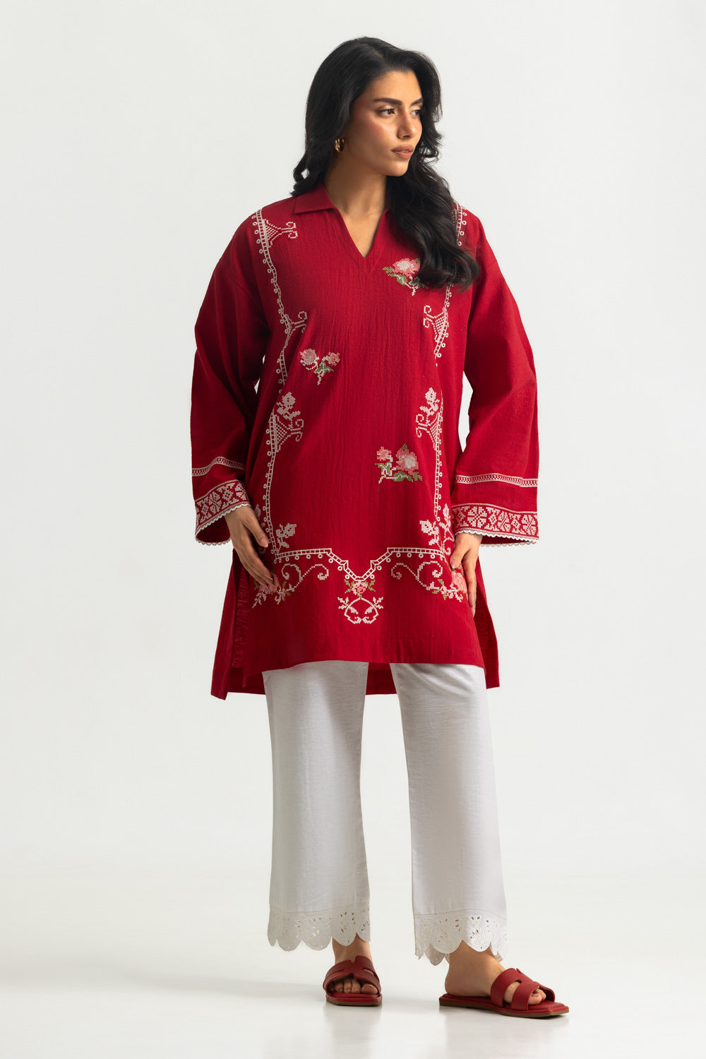 Karandi Gold Slub Embroidered Co-Ord Set