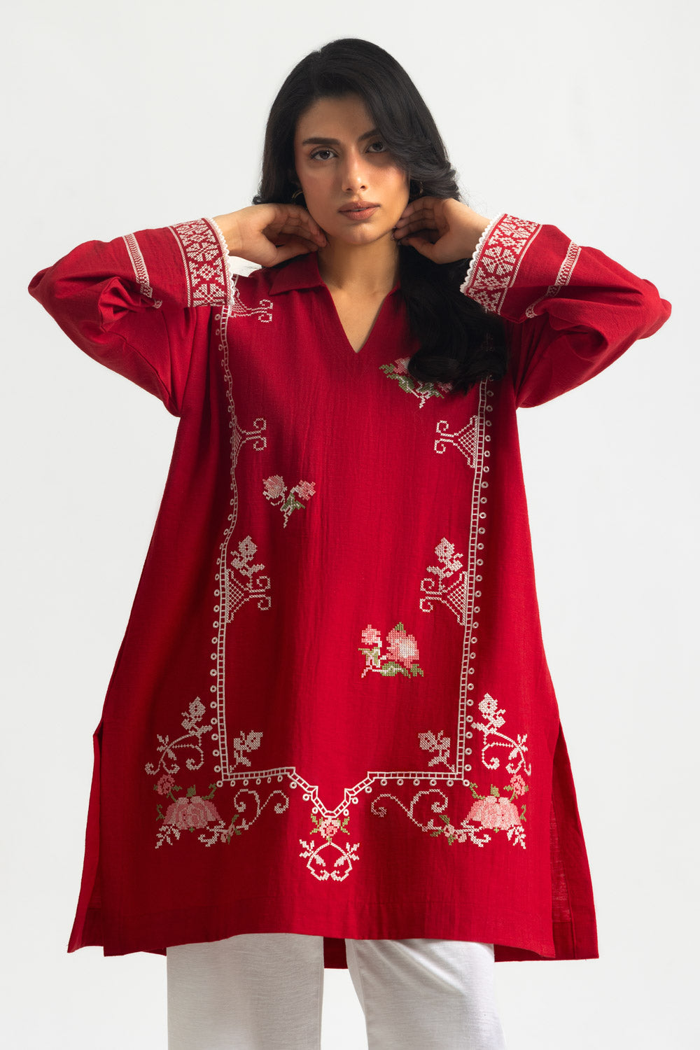 Karandi Gold Slub Embroidered Co-Ord Set