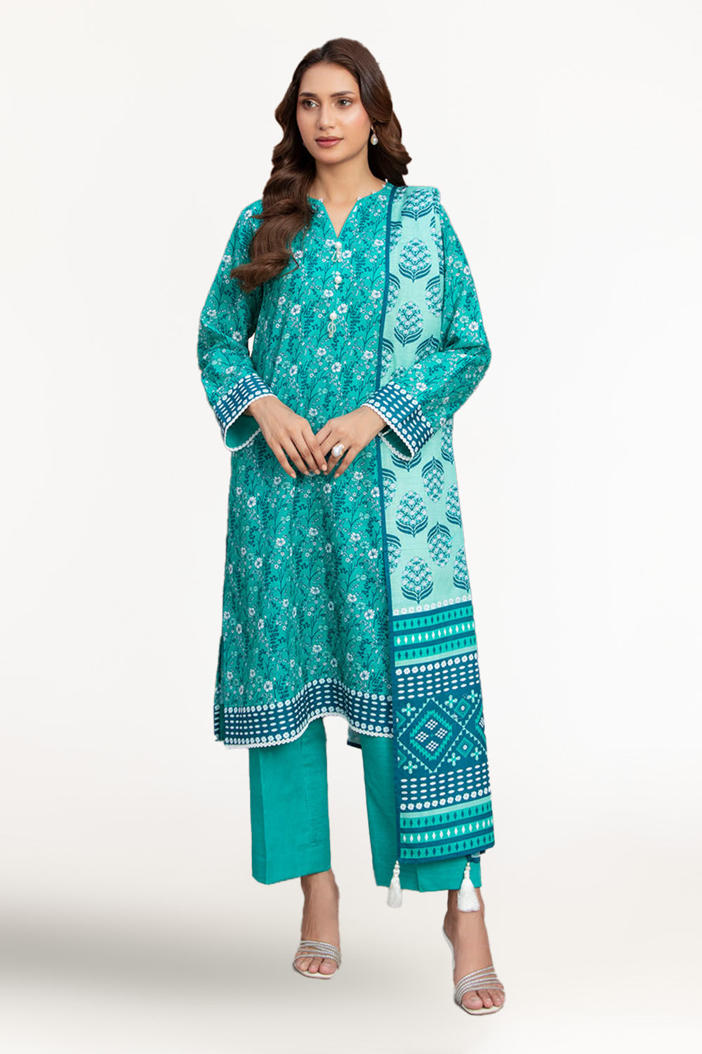3 Piece Printed Khaddar Suit with Zari Dupatta