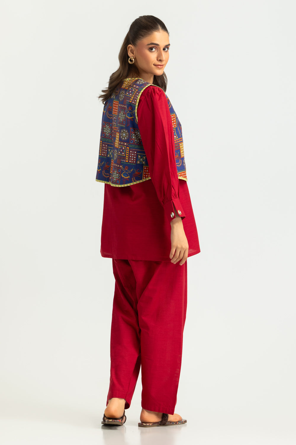 Khaddar Slub Dyed Co-Ord Set With Printed Waistcoat