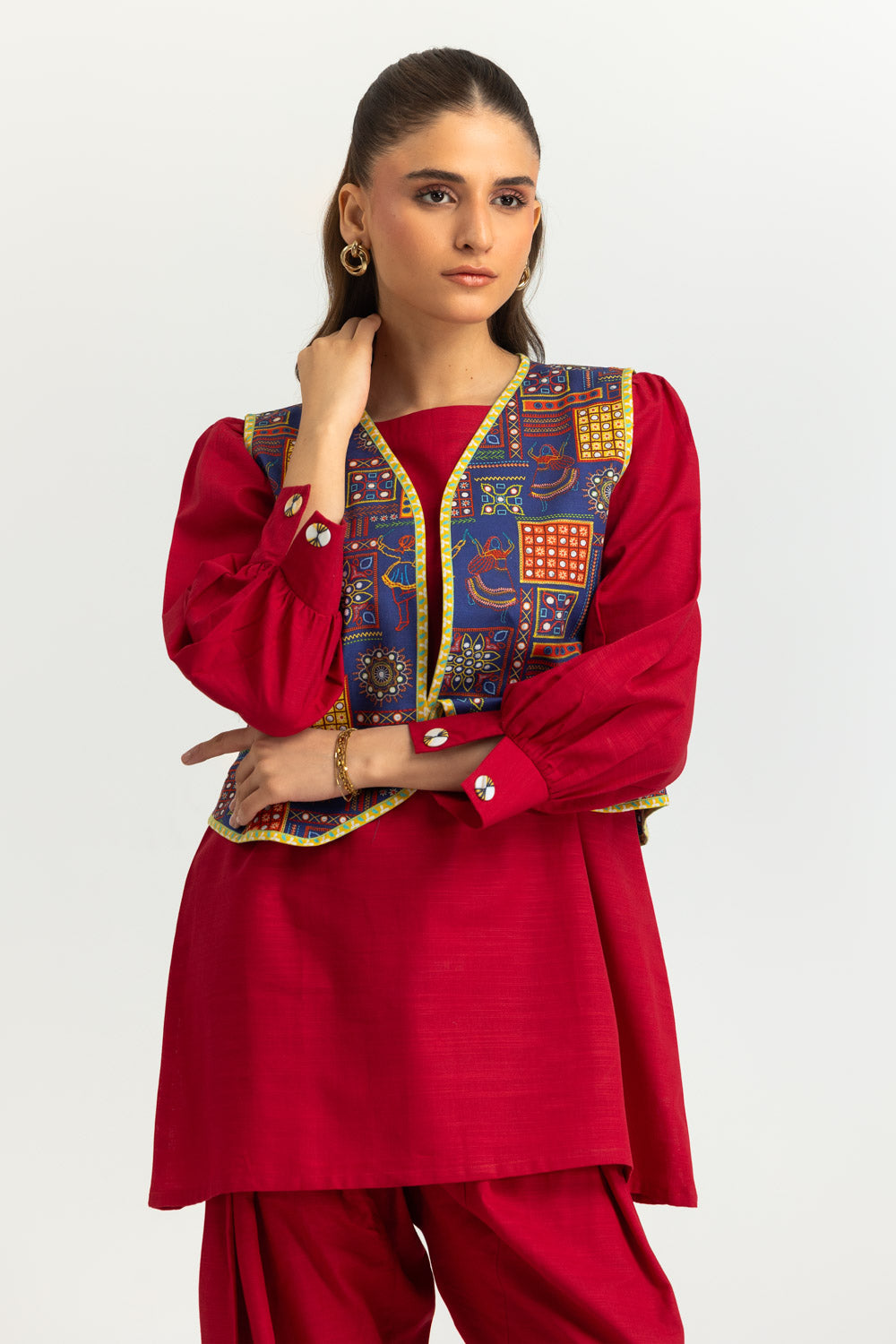 Khaddar Slub Dyed Co-Ord Set With Printed Waistcoat