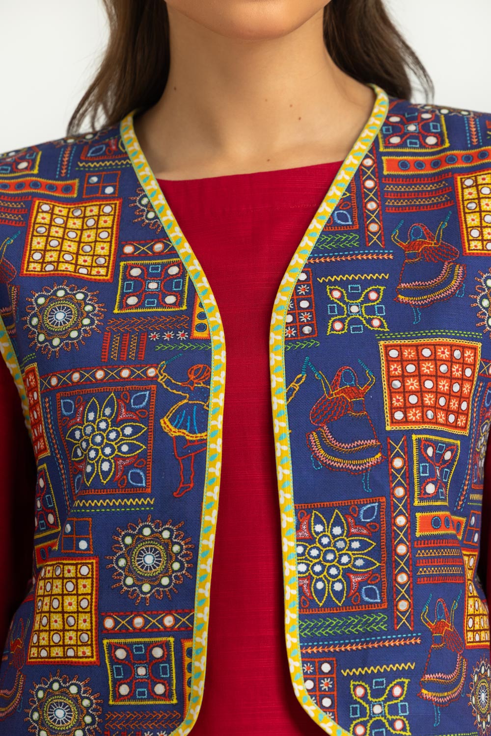Khaddar Slub Dyed Co-Ord Set With Printed Waistcoat