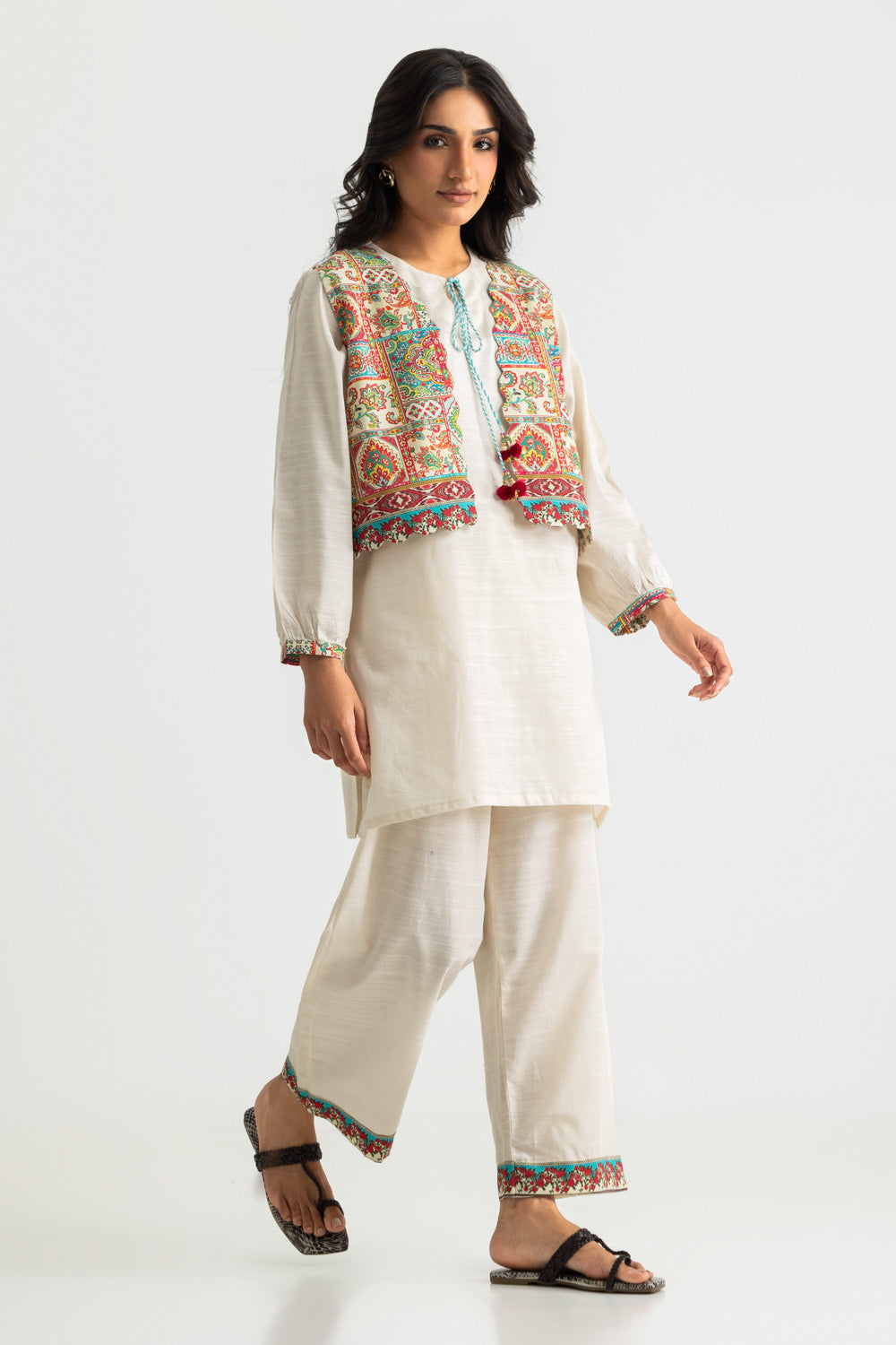 Khaddar Slub Dyed Co-Ord Set With Printed Waistcoat
