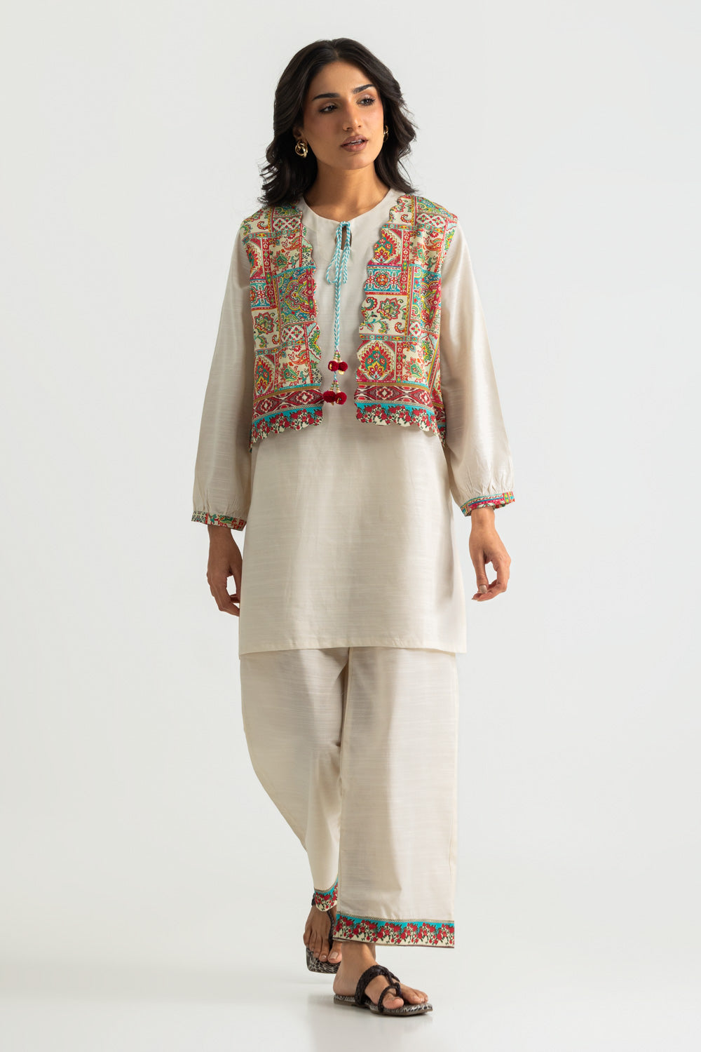 Khaddar Slub Dyed Co-Ord Set With Printed Waistcoat
