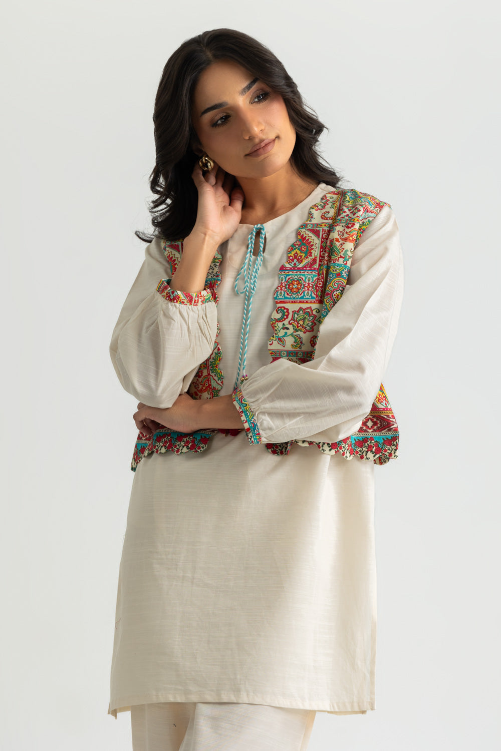 Khaddar Slub Dyed Co-Ord Set With Printed Waistcoat