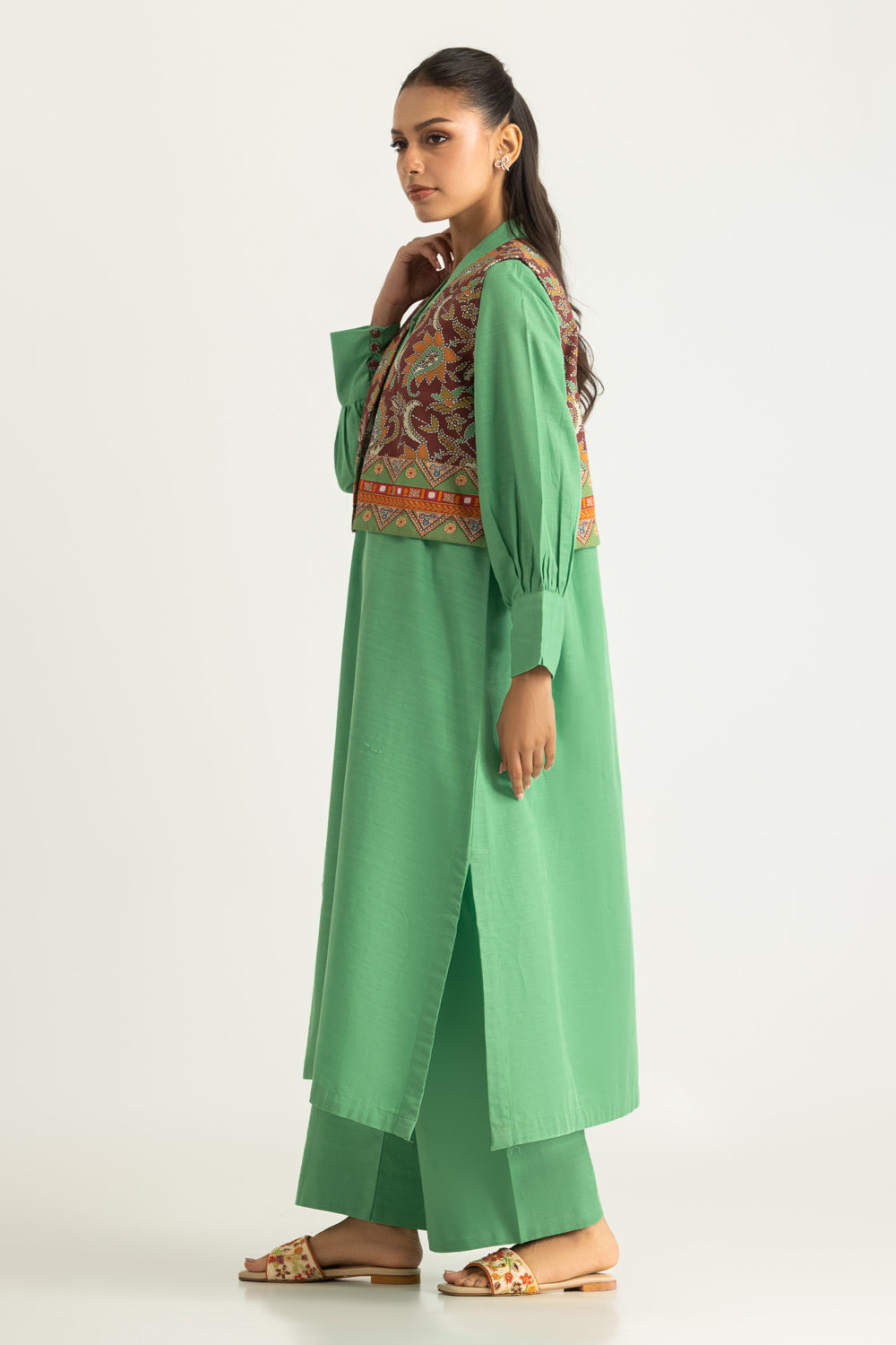 Khaddar Slub Shirt And Trouser With Printed Waistcoat