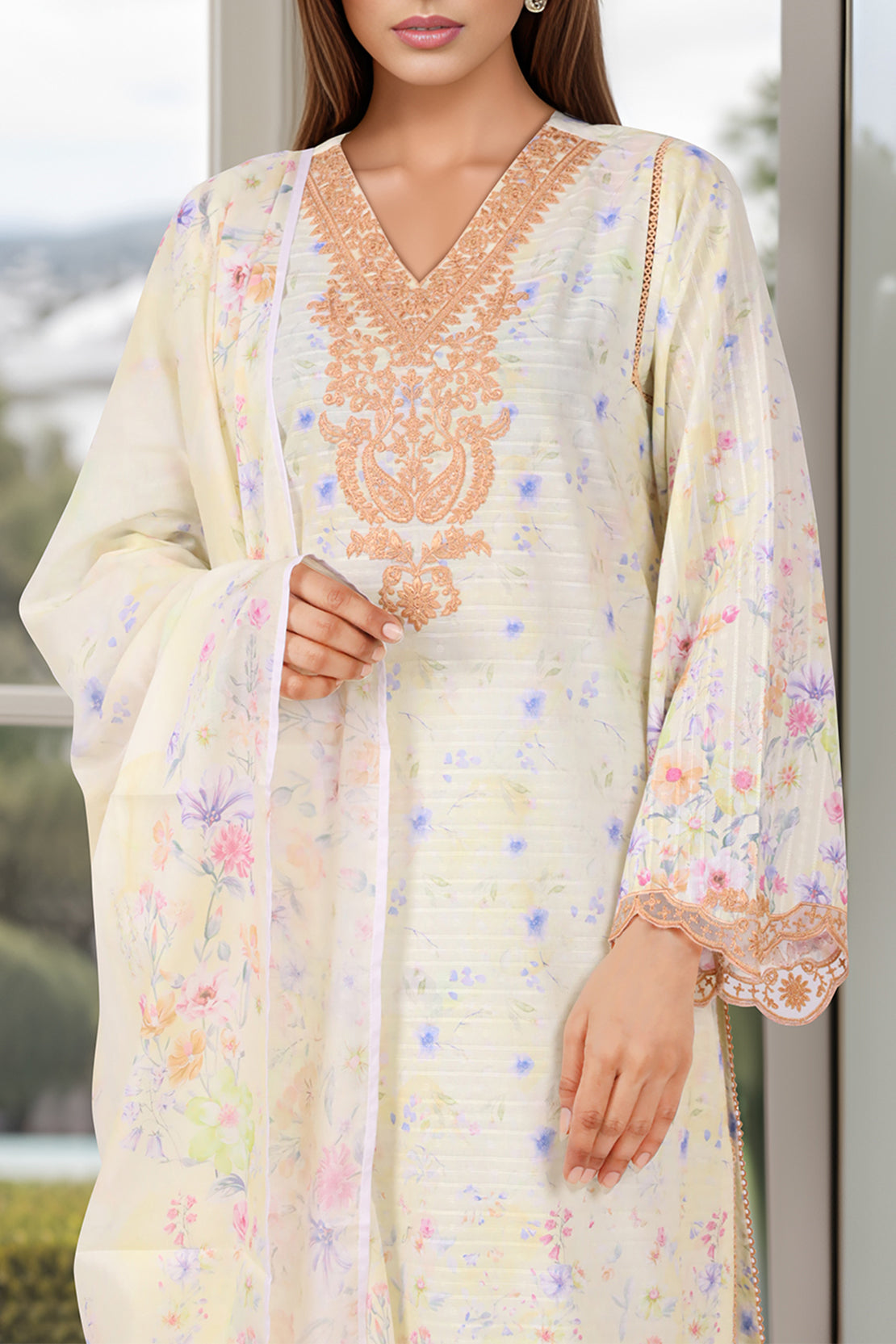 Unstitched Embroidered Self Jacquard 3 Piece With Chiffon Dupatta59055