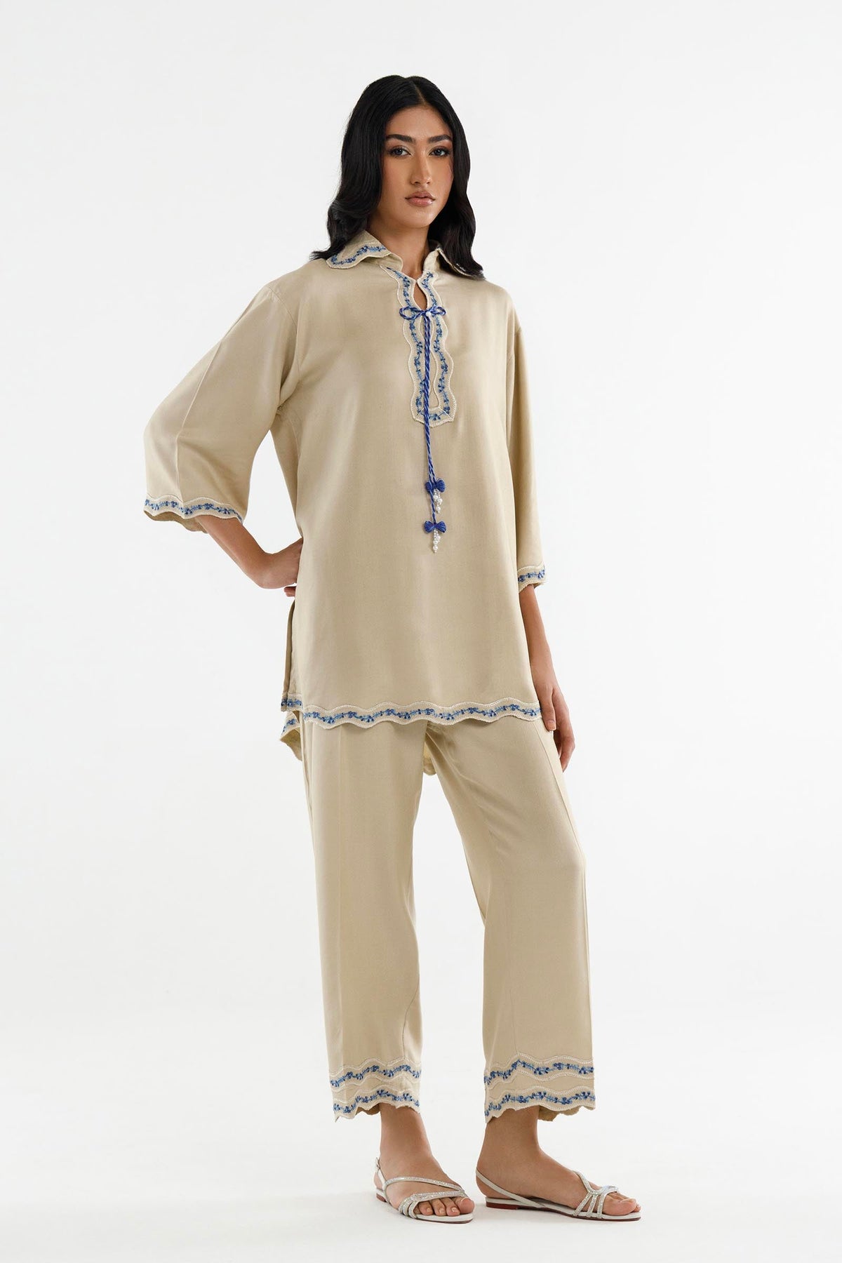 Stitched Embroidered Herringbone Shirt+ Culotte