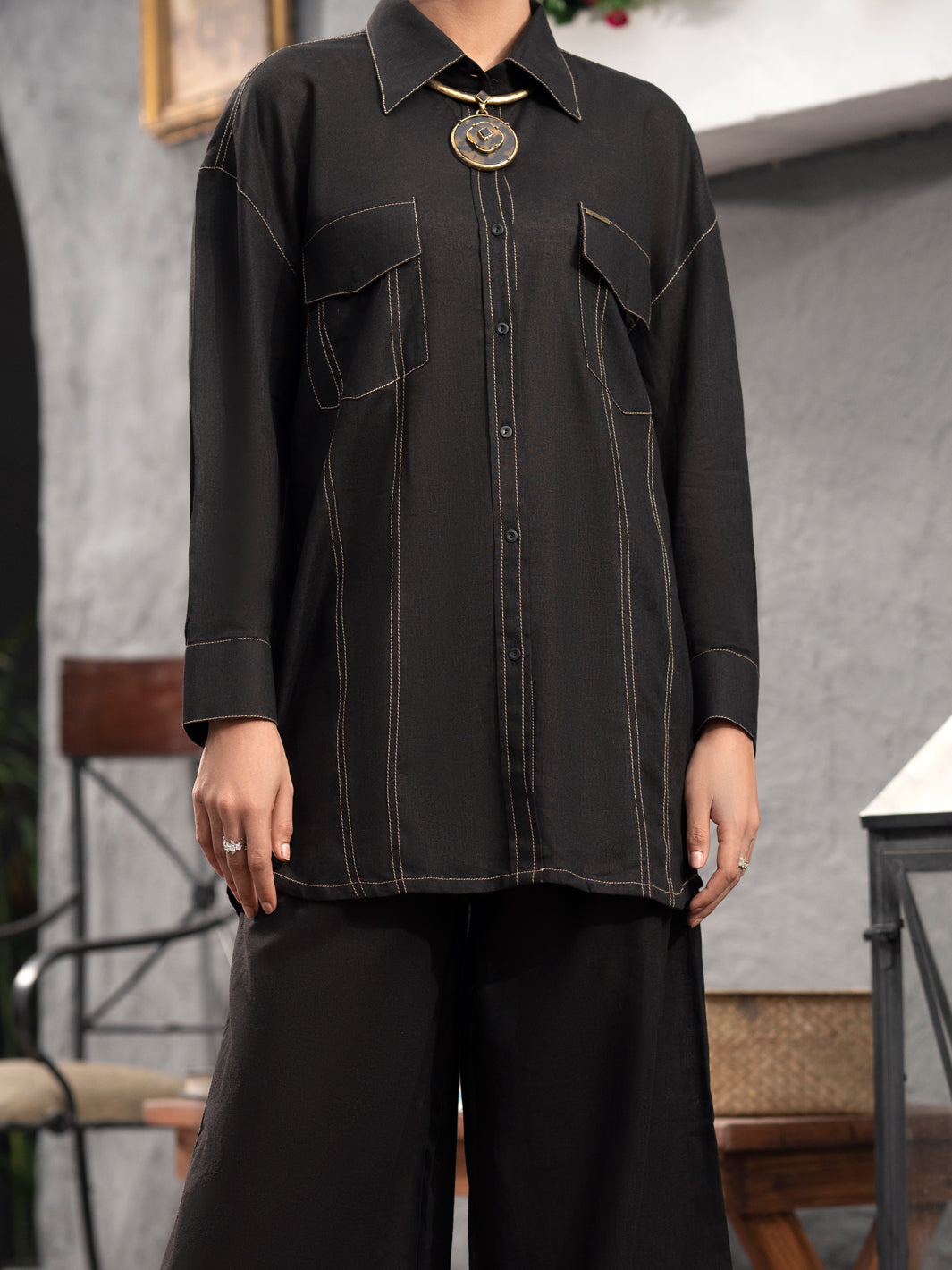 Black SatinÃ‚Â 2 Piece Stitched - AL-2PS-LKS-907