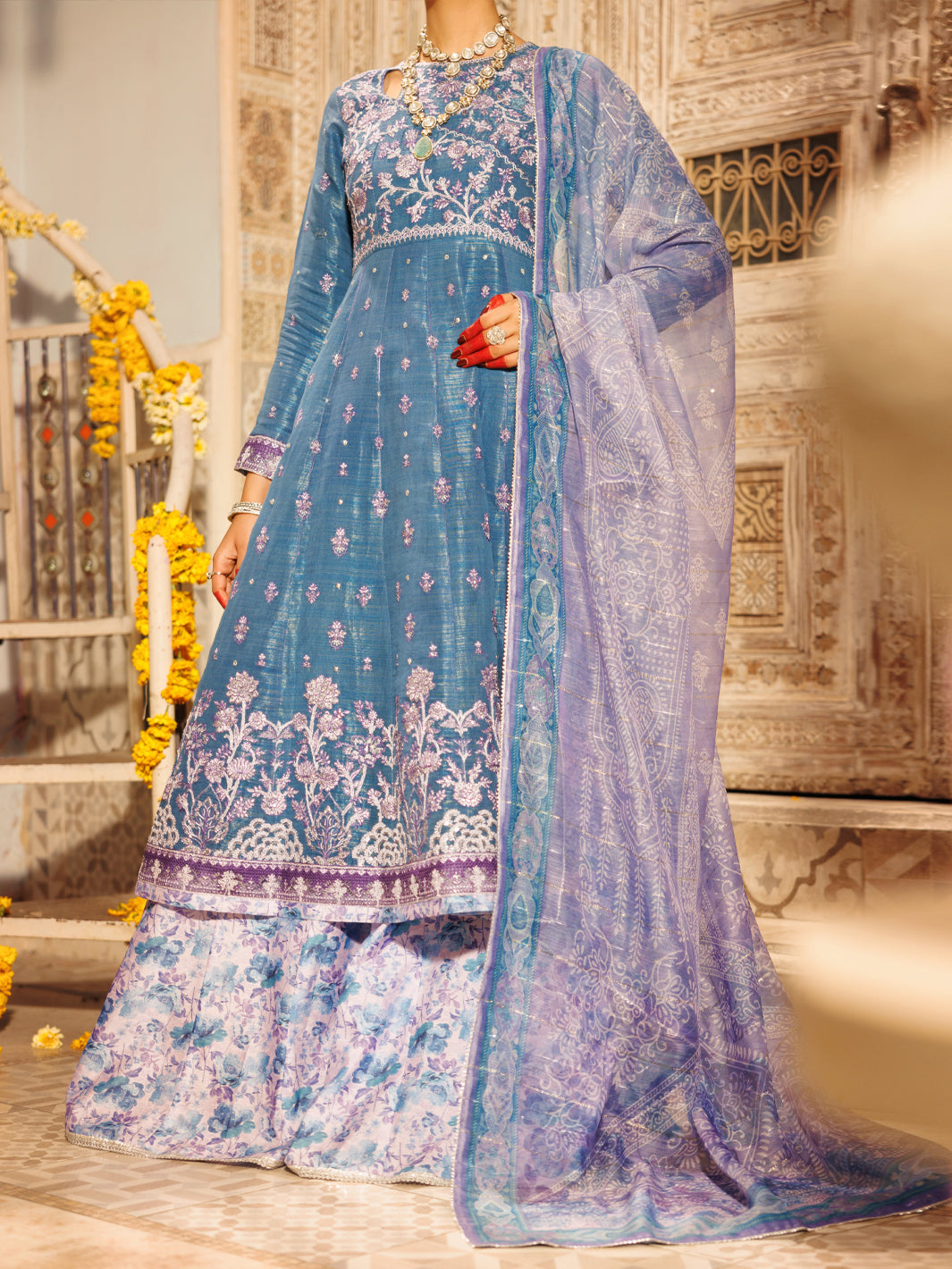 Ice Blue Mesuri Net Formal 3Pc Stitched - AL-3PS-LS-552
