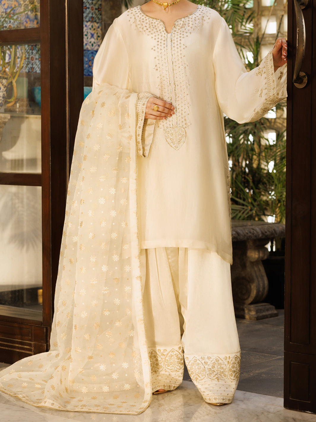 Off White Sheesha Silk Formal 3Pc Stitched - AL-3PS-LS-619