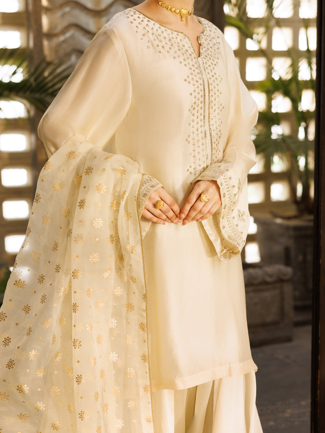 Off White Sheesha Silk Formal 3Pc Stitched - AL-3PS-LS-619