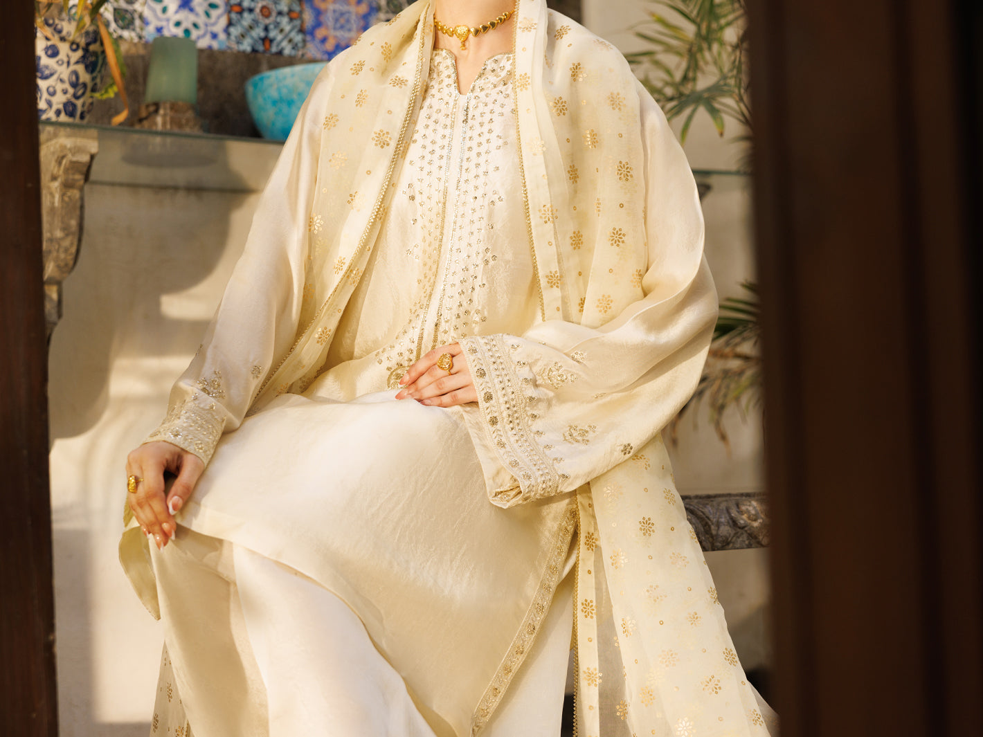 Off White Sheesha Silk Formal 3Pc Stitched - AL-3PS-LS-619