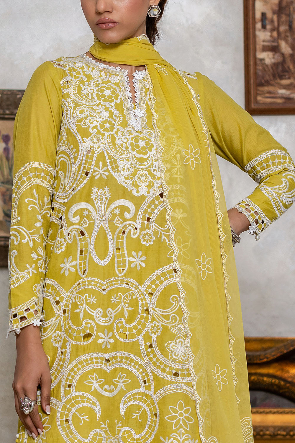 3 Piece Embroidered Lawn Suit With Lacquer Printed Chiffon Dupatta