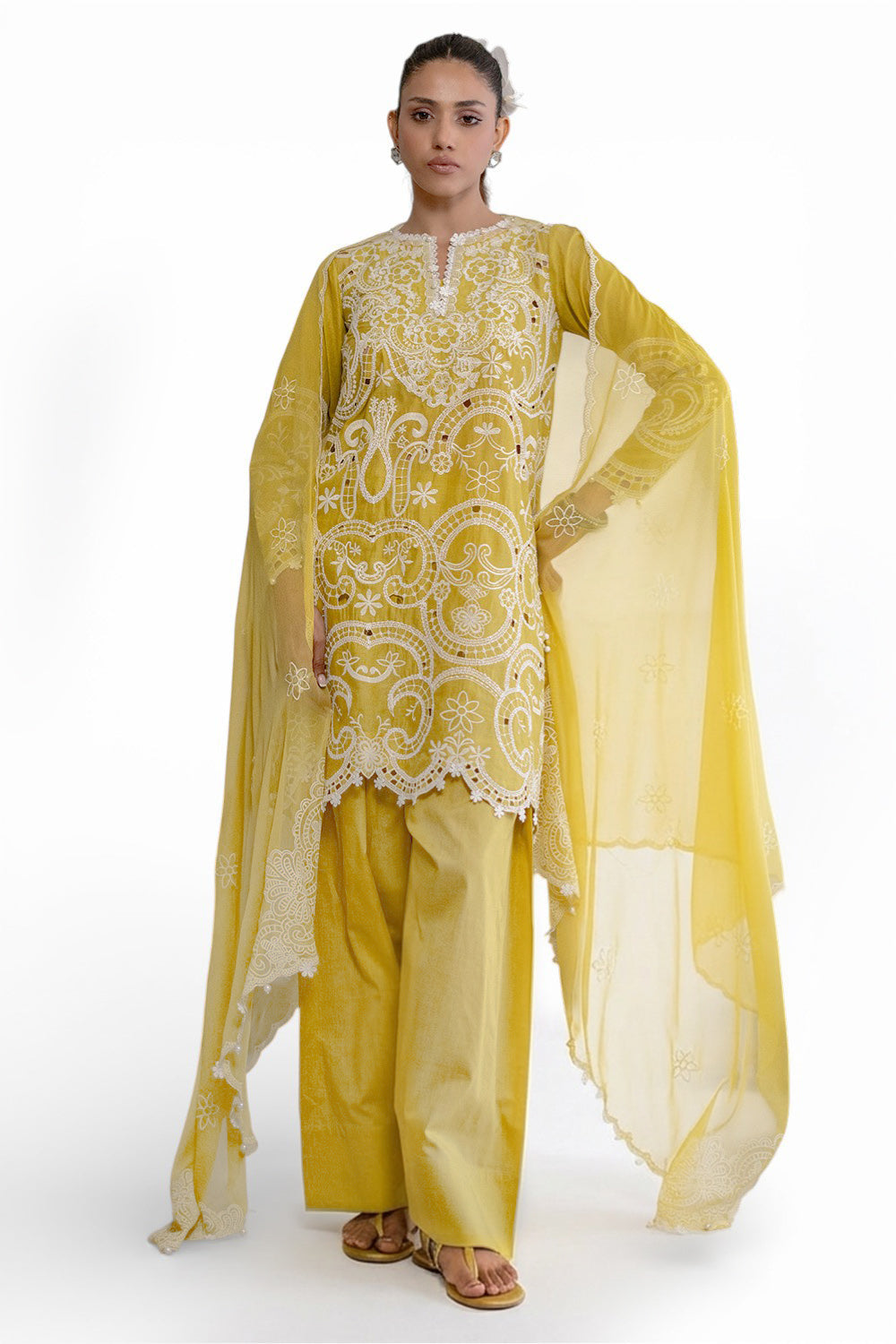 3 Piece Embroidered Lawn Suit with Lacquer Printed Chiffon Dupatta