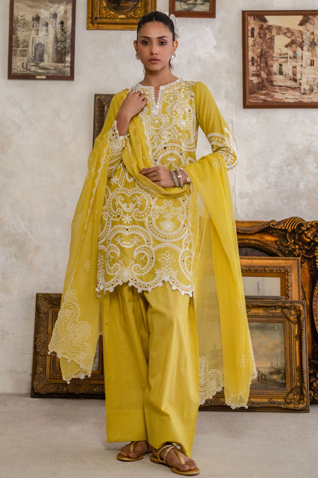 3 Piece Embroidered Lawn Suit with Lacquer Printed Chiffon Dupatta