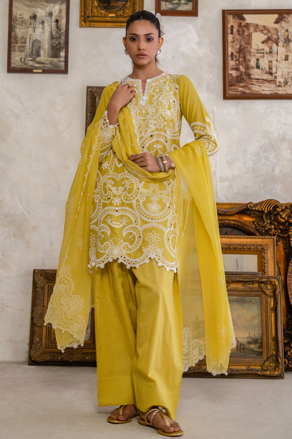 3 Piece Embroidered Lawn Suit With Lacquer Printed Chiffon Dupatta
