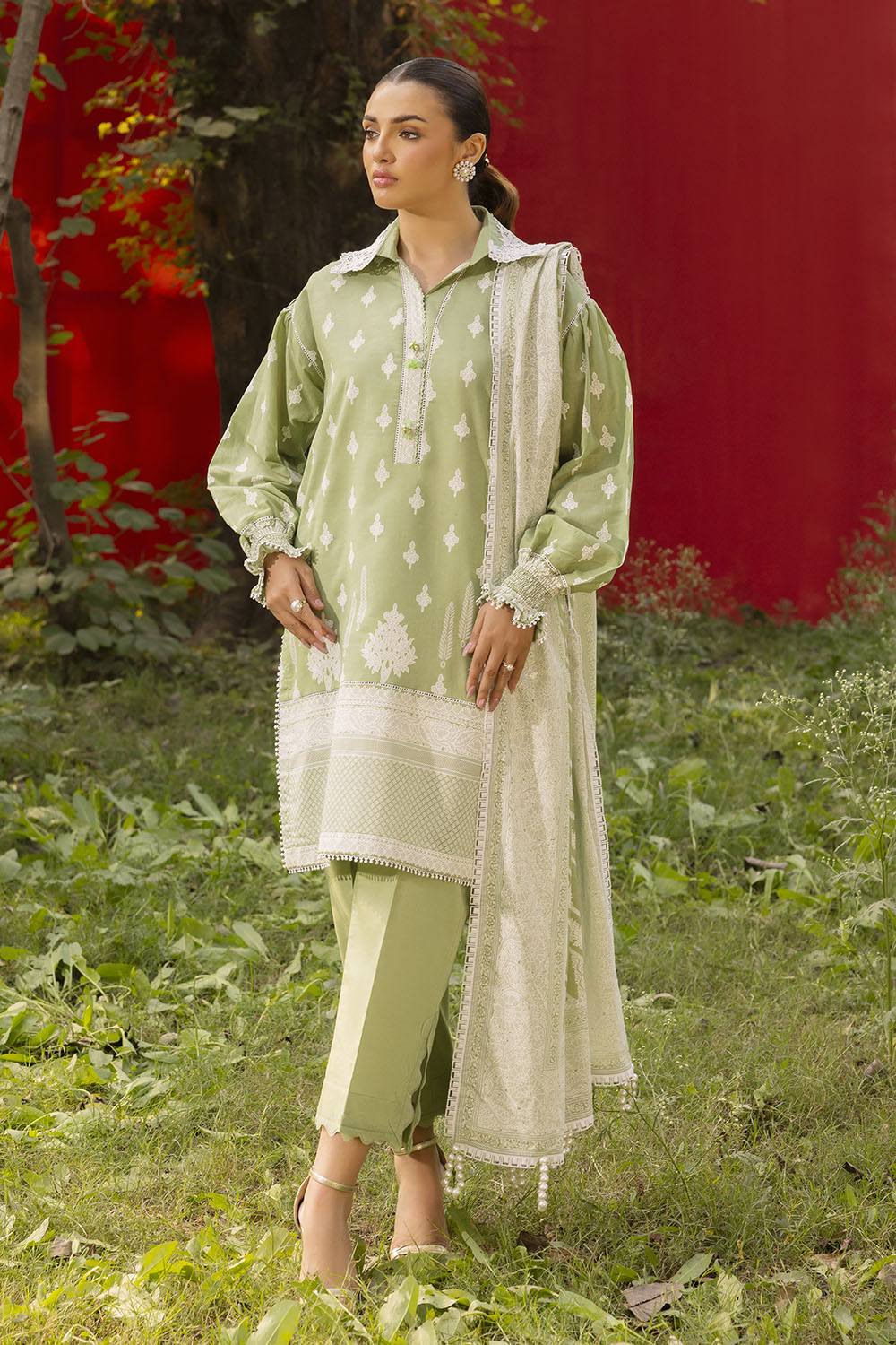 3 Piece Lacquer Printed Lawn Suit with Lace and Dupatta