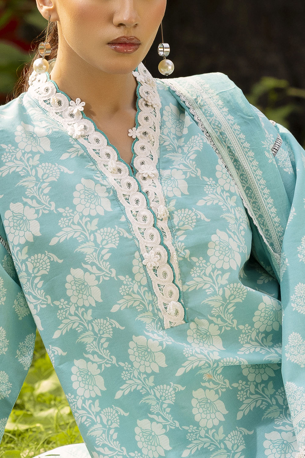 3 Piece Lacquer Printed Lawn Suit with Lace and Dupatta
