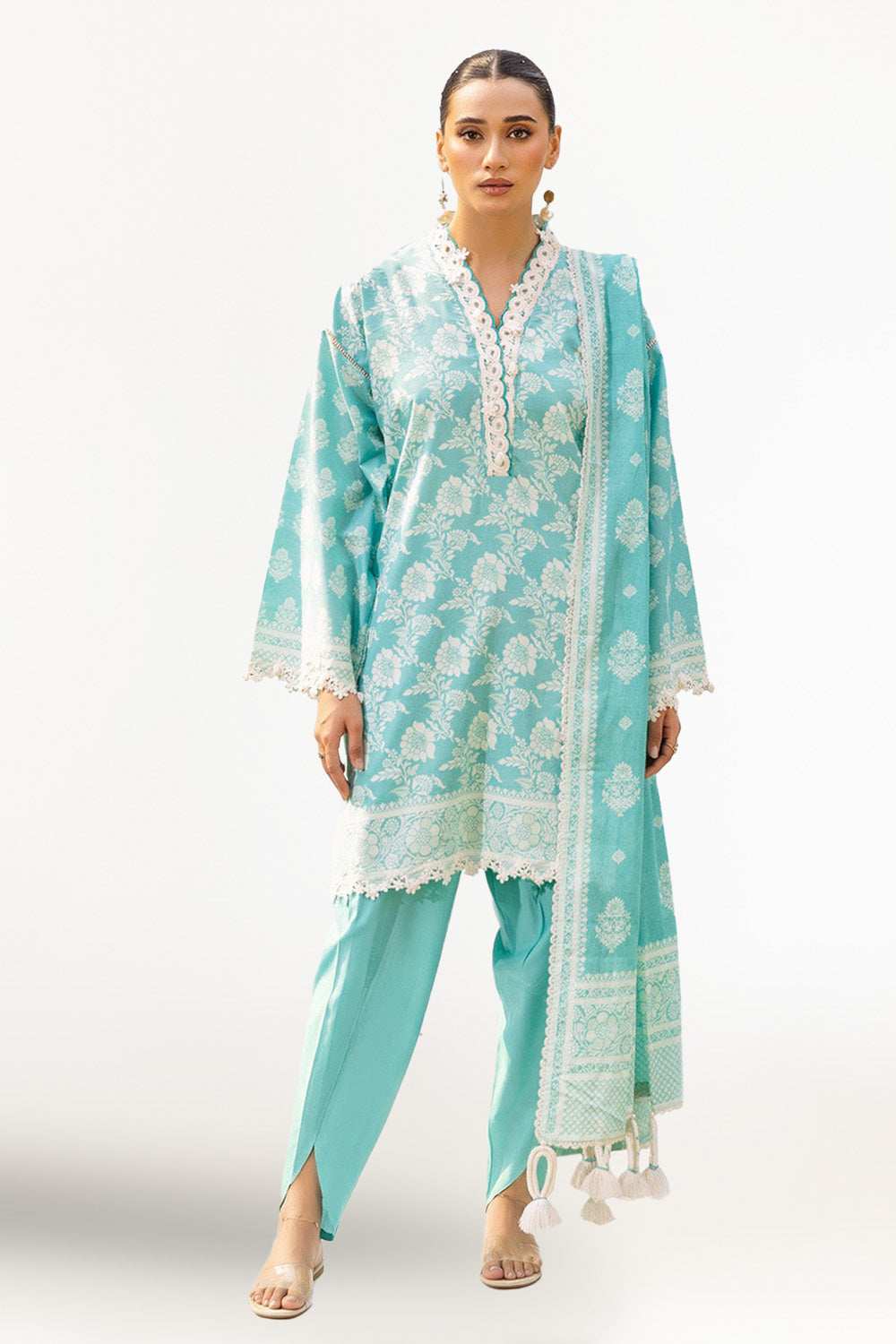 3 Piece Lacquer Printed Lawn Suit with Lace and Dupatta