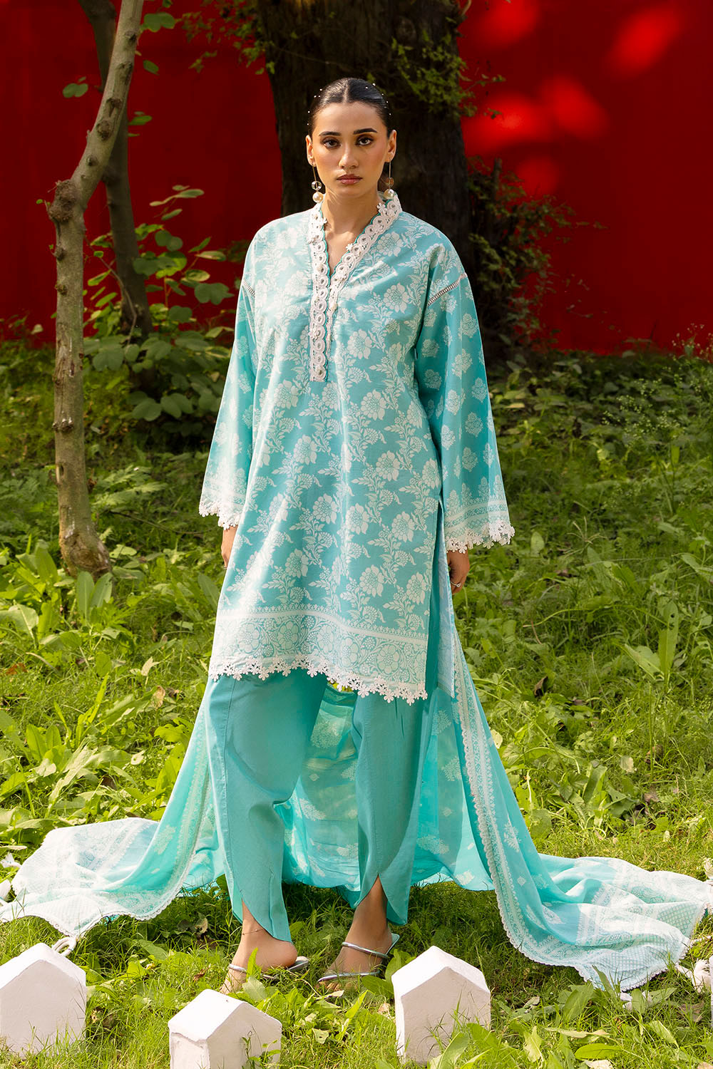 3 Piece Lacquer Printed Lawn Suit with Lace and Dupatta