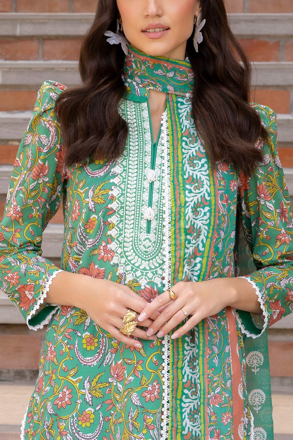 3 Piece Printed Lawn Suit With Embroidered Organza Neckline