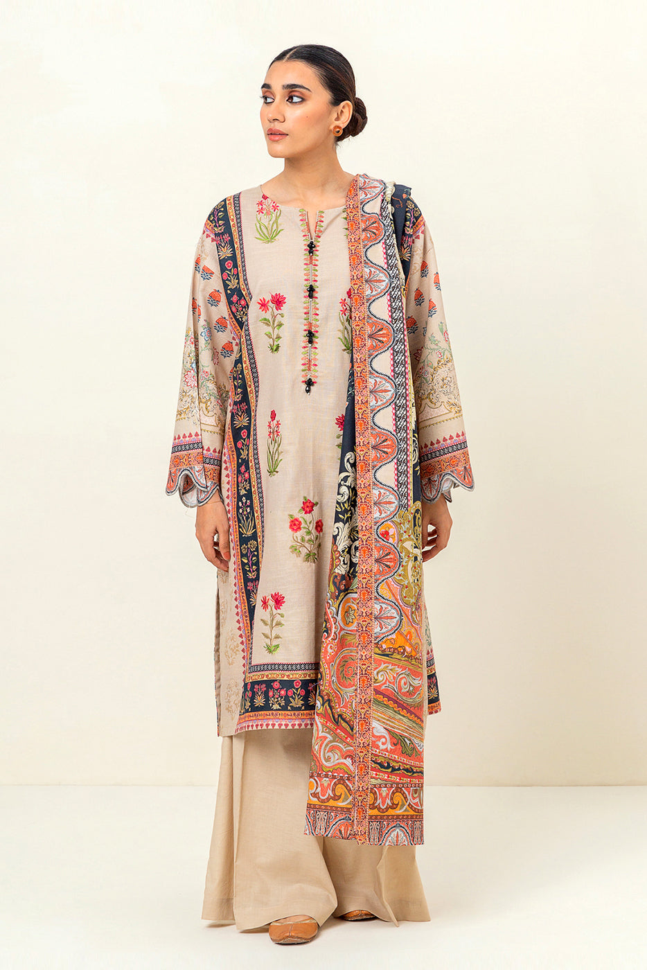 2 Piece Embroidered Khaddar Suit-Elegant Ivory (Unstitched)