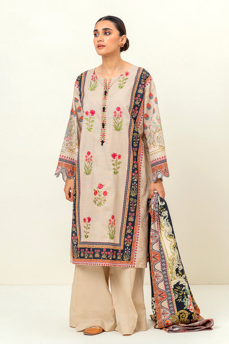 2 Piece Embroidered Khaddar Suit-Elegant Ivory (Unstitched)