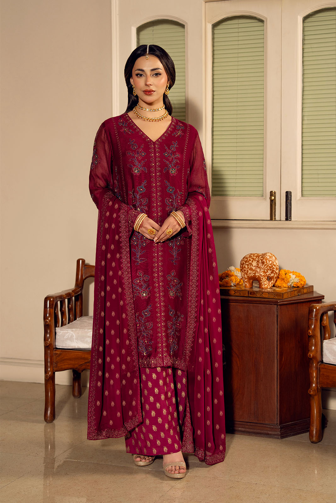 3 Piece Khaddi Net Embroidered Suit (FL0171)