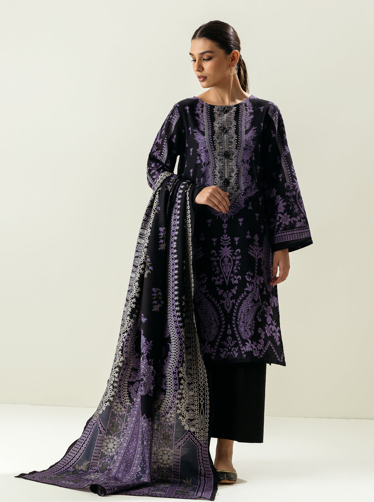 2 Piece - Printed Khaddar Suit - Olde World