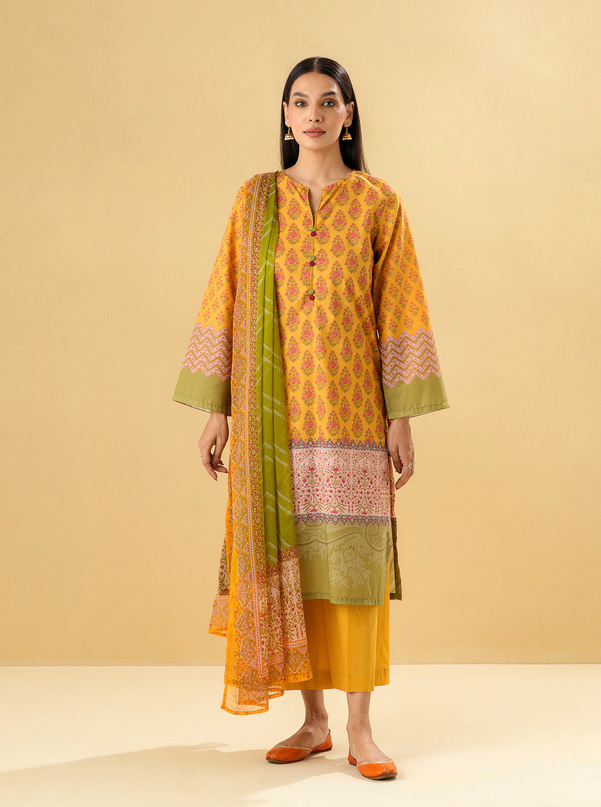 3 Piece - Printed Lawn Suit - Divine Ochre