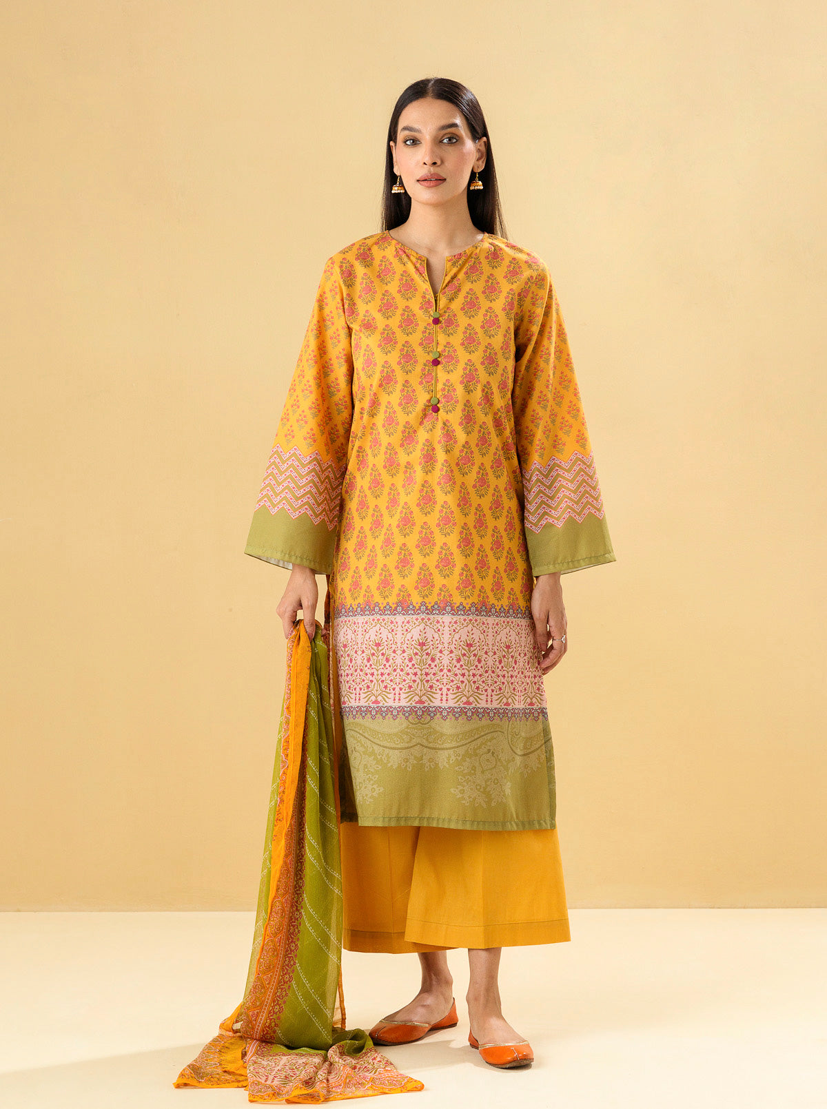 3 Piece - Printed Lawn Suit - Divine Ochre
