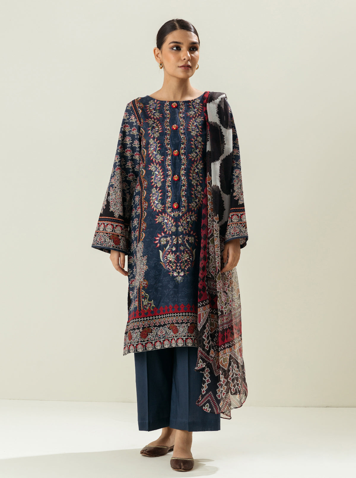 3 Piece - Embroidered Khaddar Suit - Boho Blue