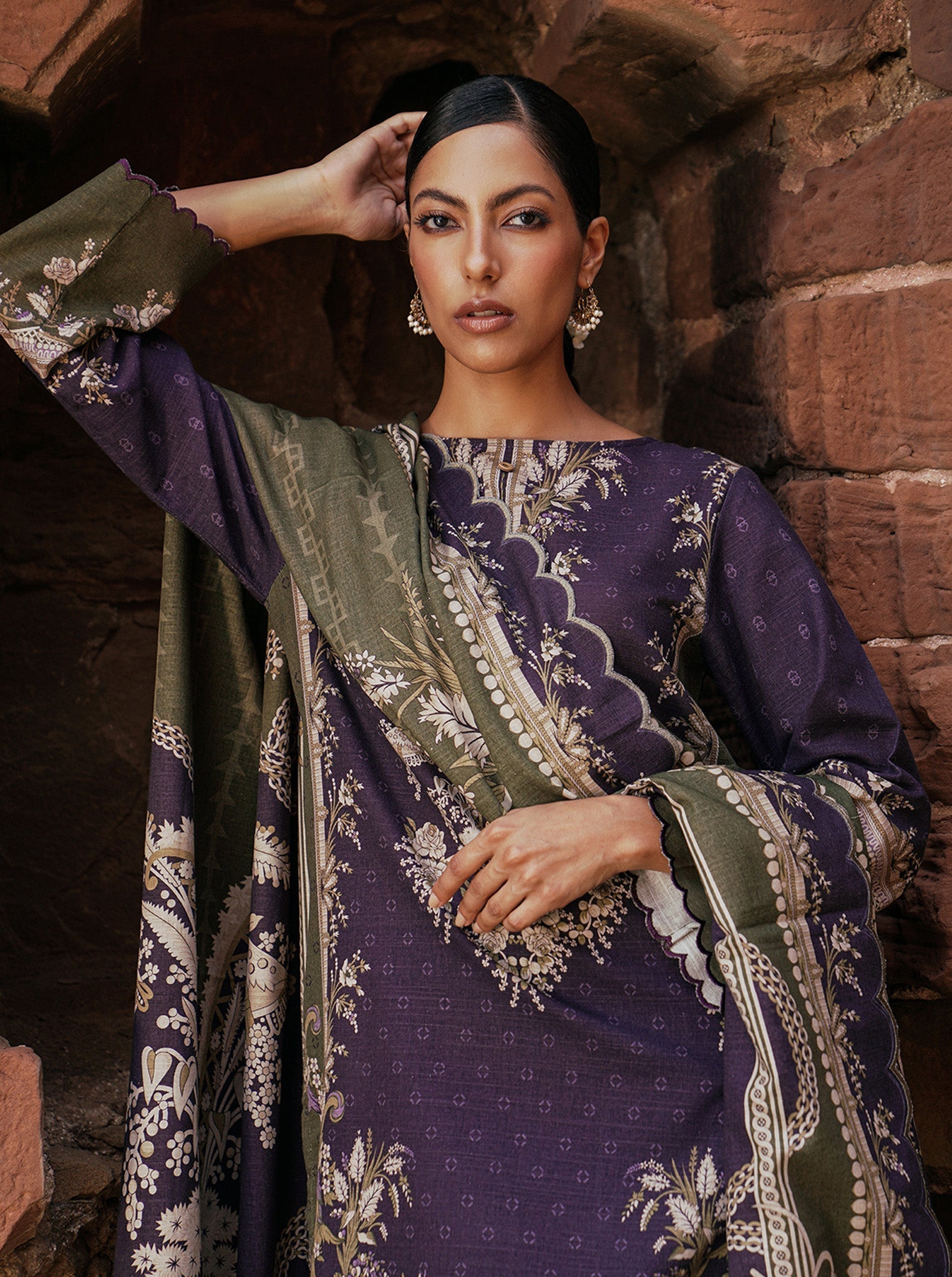 3 Piece - Printed Khaddar Suit - Byzantine Olive