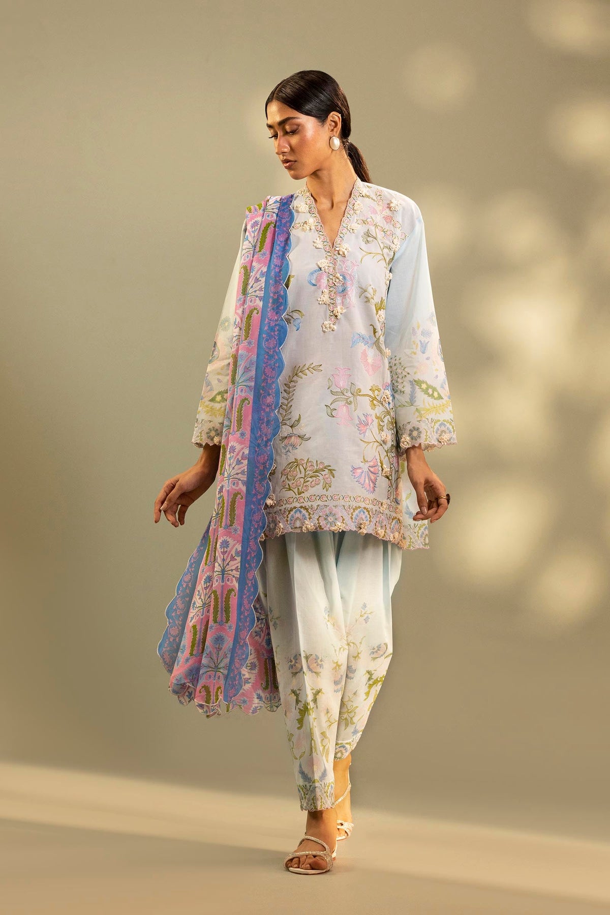 Unstitched Embroidered 3 Piece Muzlin Suit
