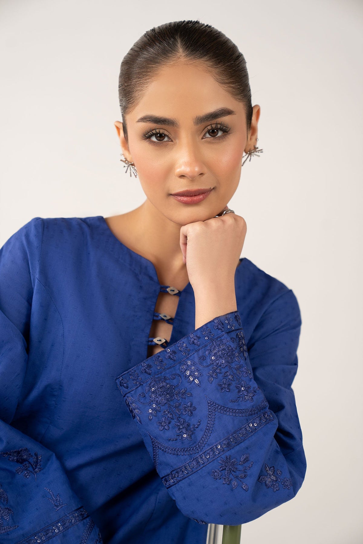 Embroidered Dobby Cotton Shirt - MBC2659-ESM-BLU
