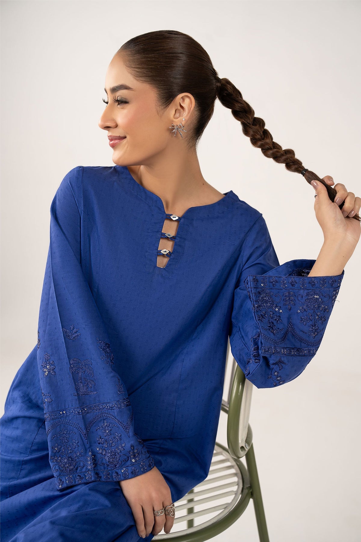 Embroidered Dobby Cotton Shirt - MBC2659-ESM-BLU