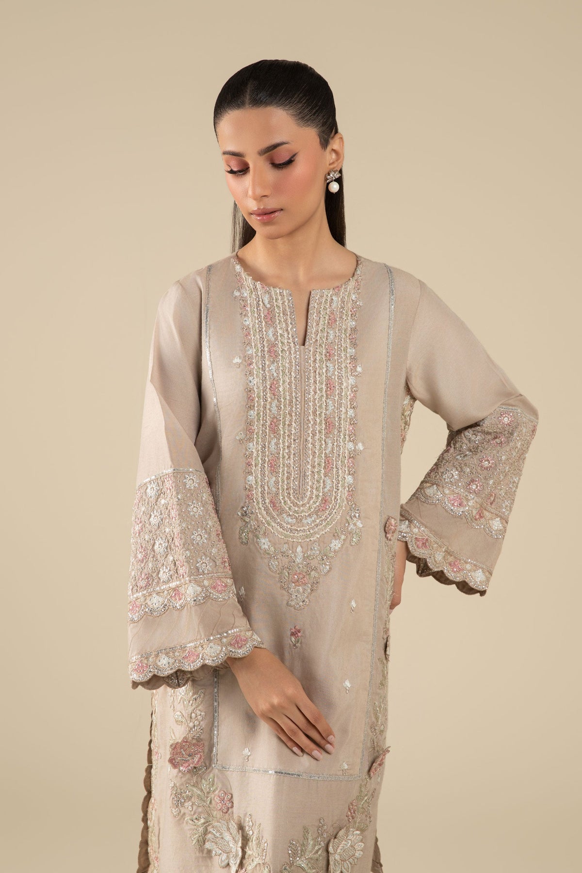 3 Pc Embroidered Two Tone Silk Suit