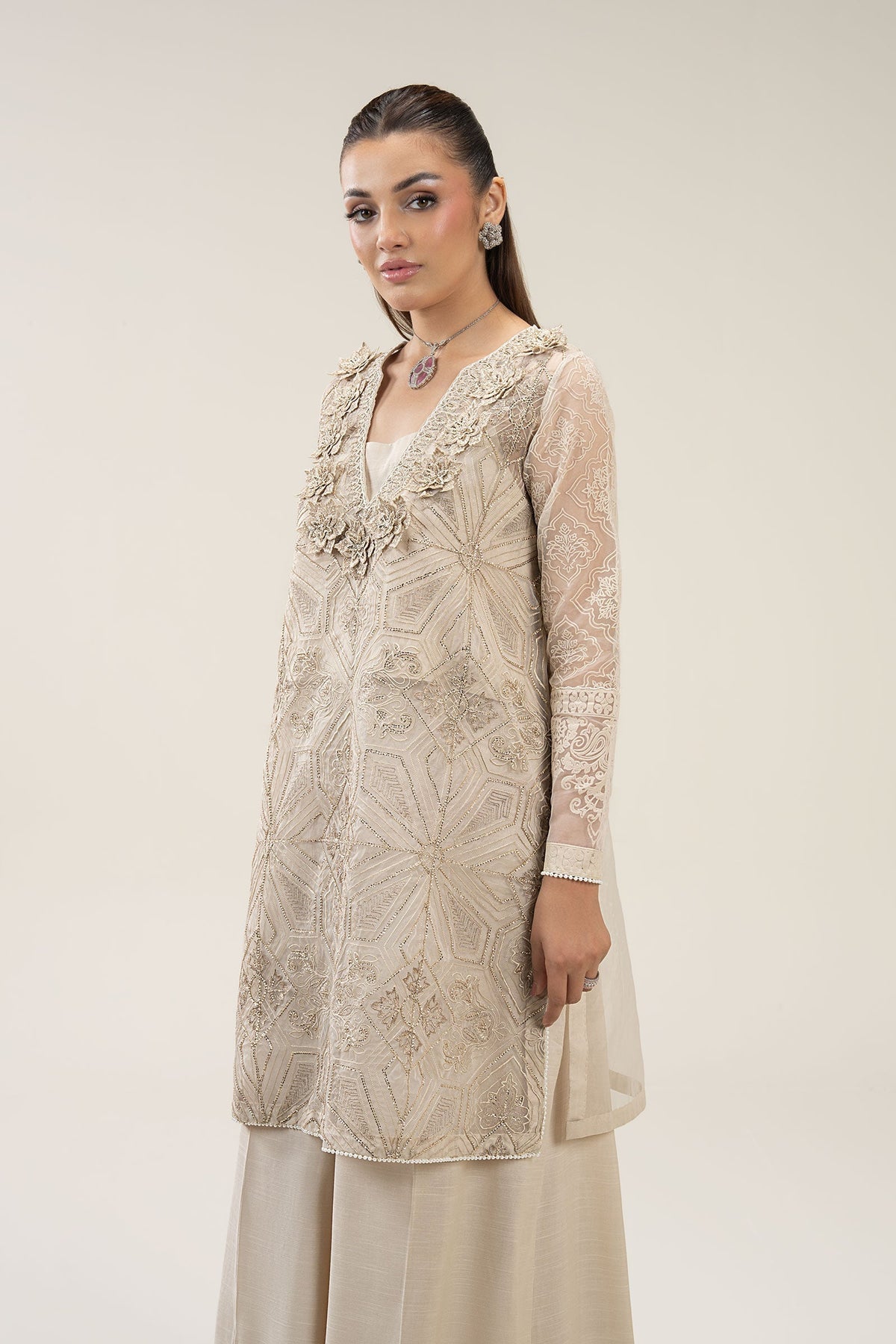 2 Pc Embroidered Organza Suit - MBFS040-ESM-BEG