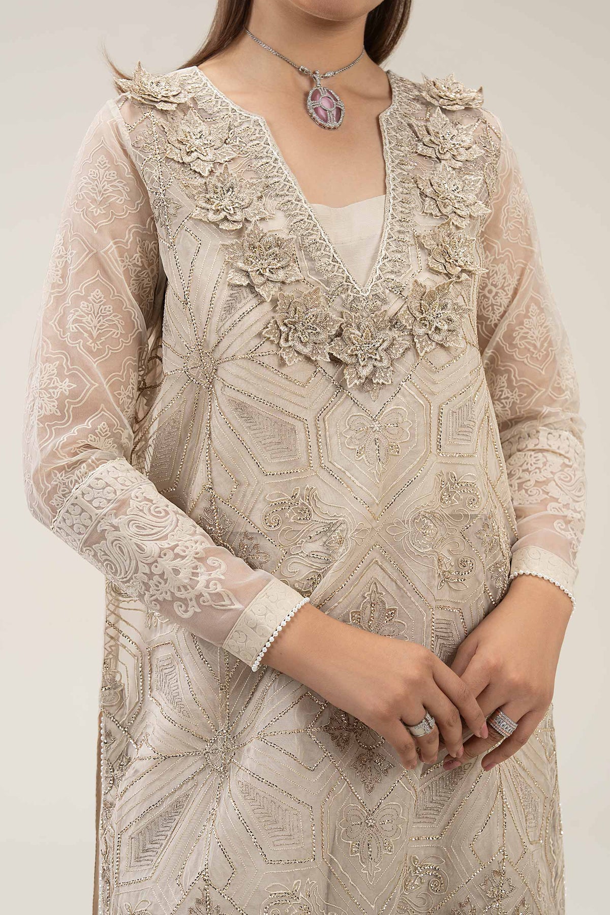 2 Pc Embroidered Organza Suit - MBFS040-ESM-BEG