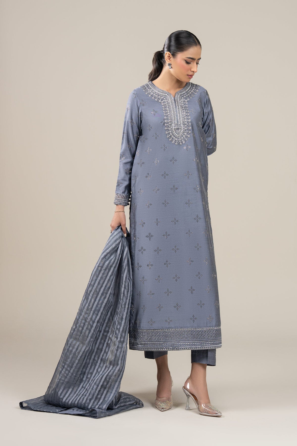 3 Pc Embroidered Two Tone Silk Suit - MBFS052-ESM-GBL
