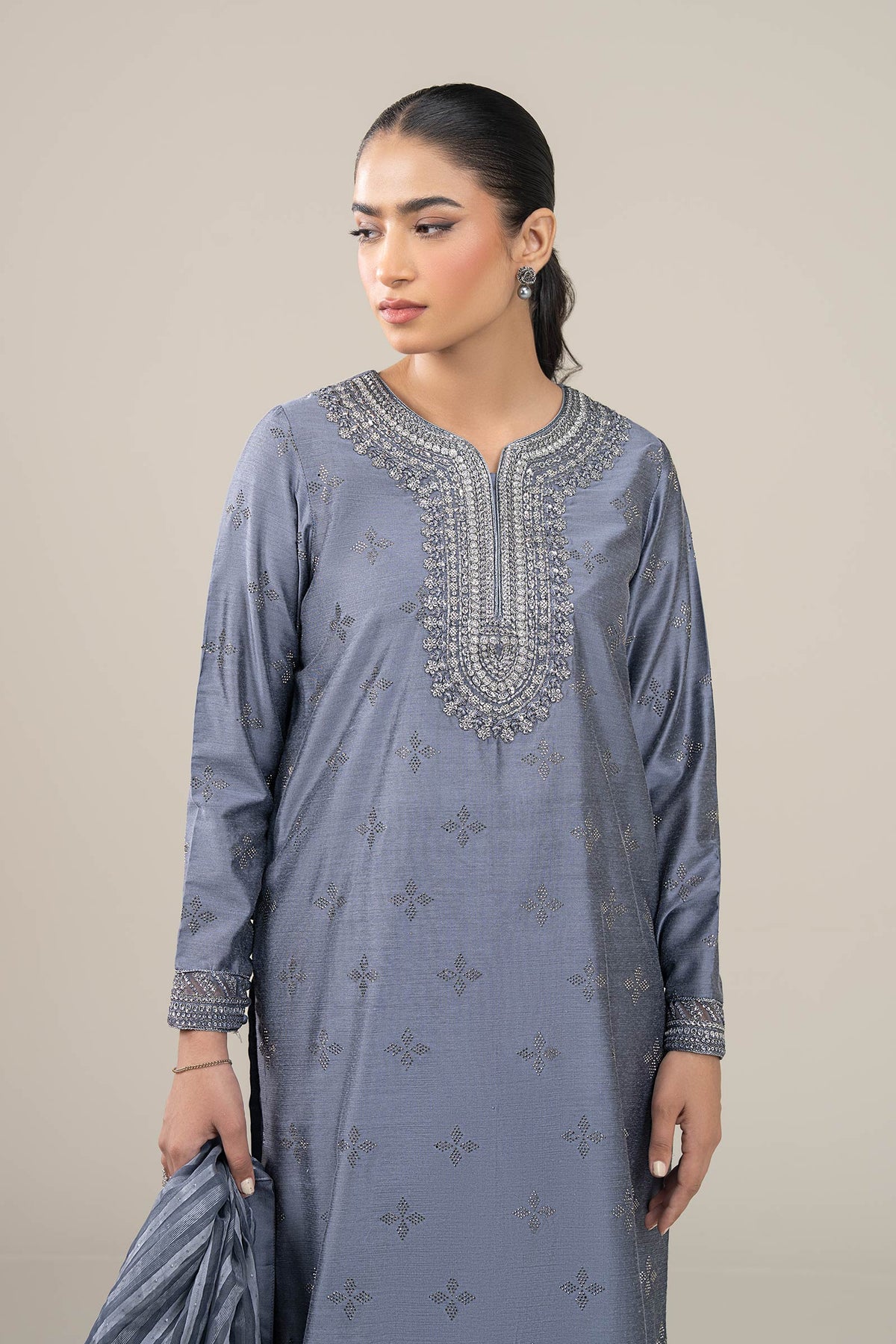 3 Pc Embroidered Two Tone Silk Suit - MBFS052-ESM-GBL
