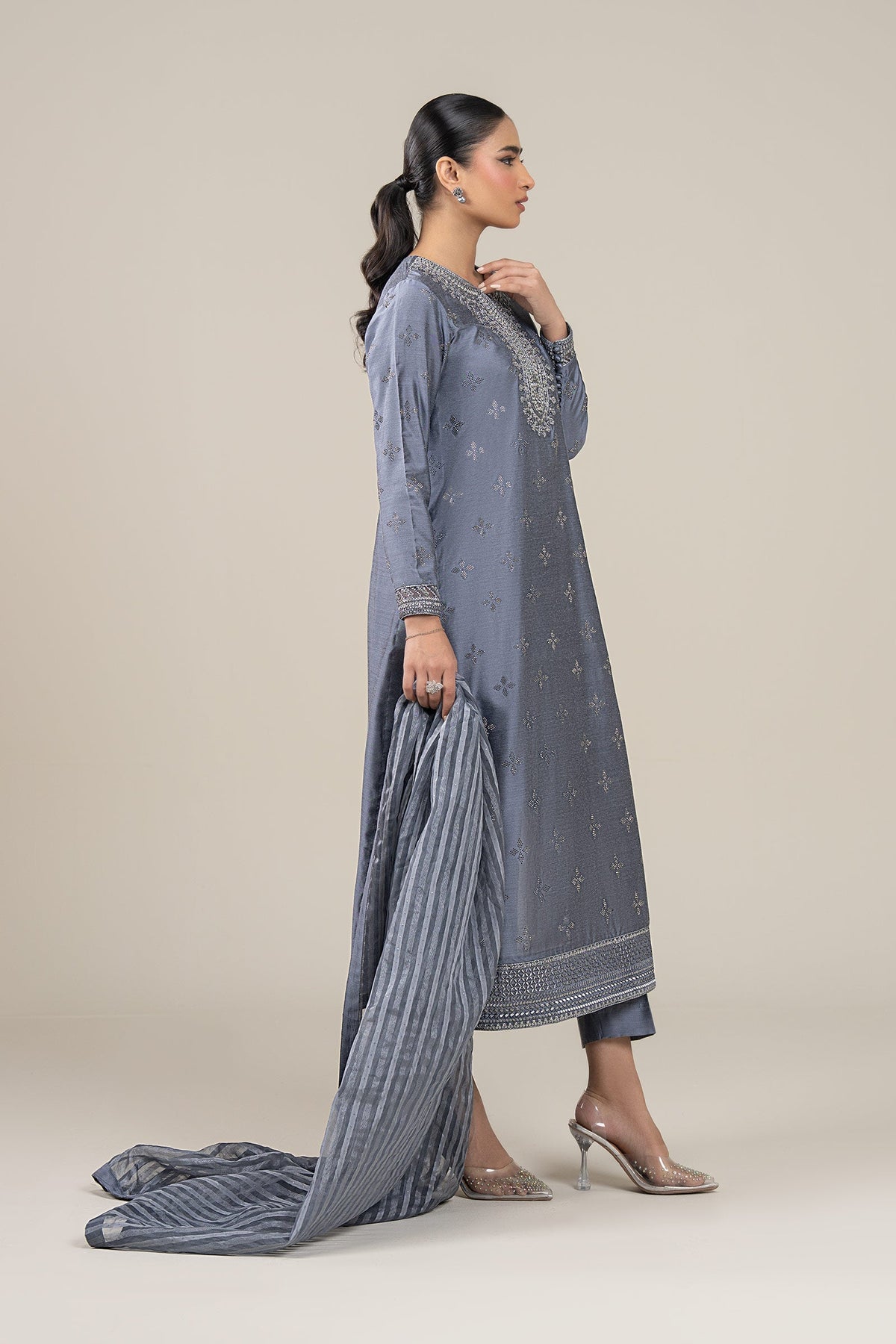 3 Pc Embroidered Two Tone Silk Suit - MBFS052-ESM-GBL