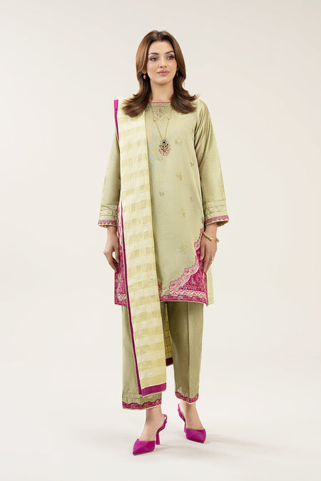 3 Pc Embroidered Two Tone Silk Suit - MBFS056-ESM-GRN