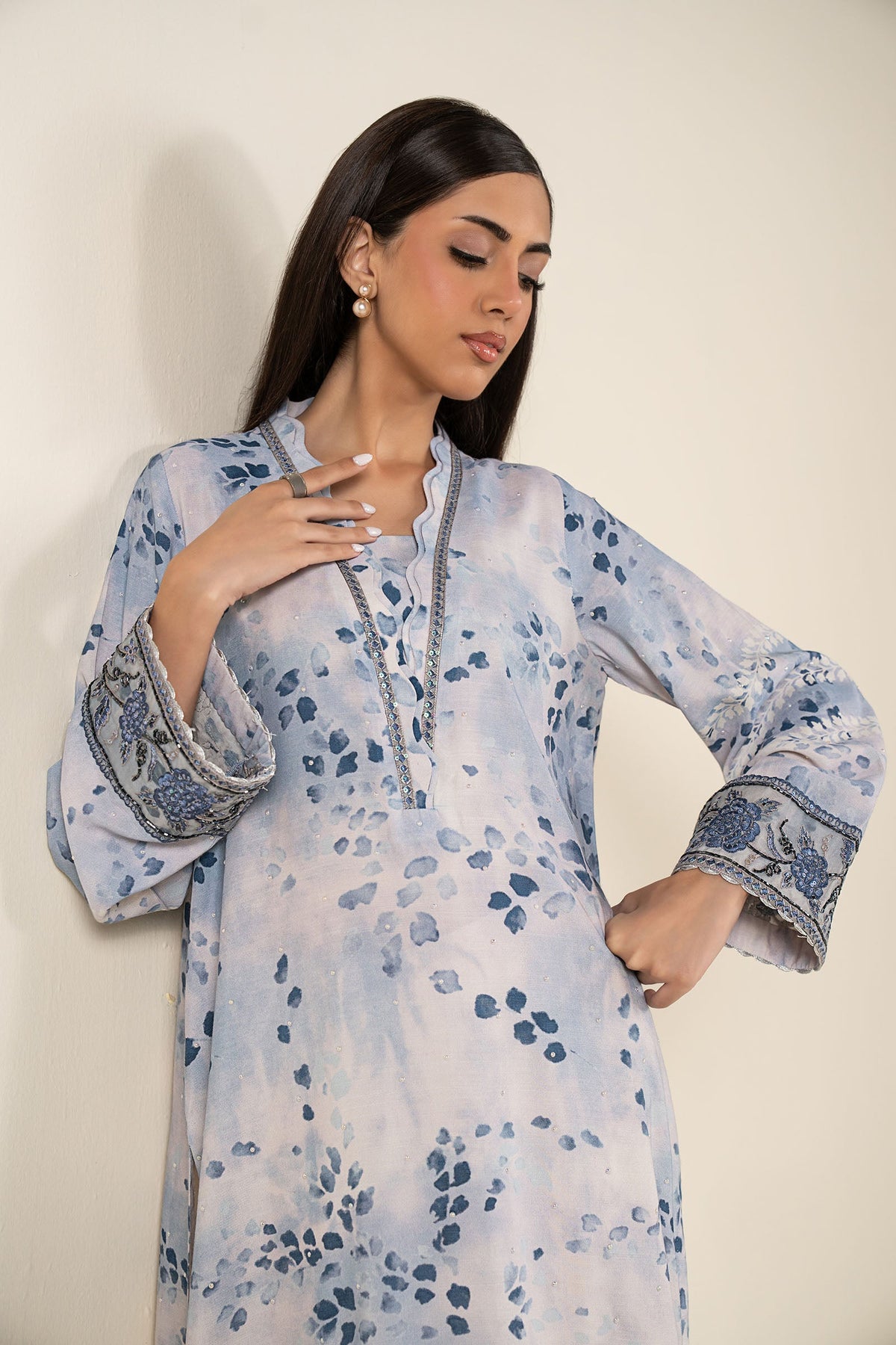 Embroidered Raw Silk Shirt - MBF2615-ESM-BLU