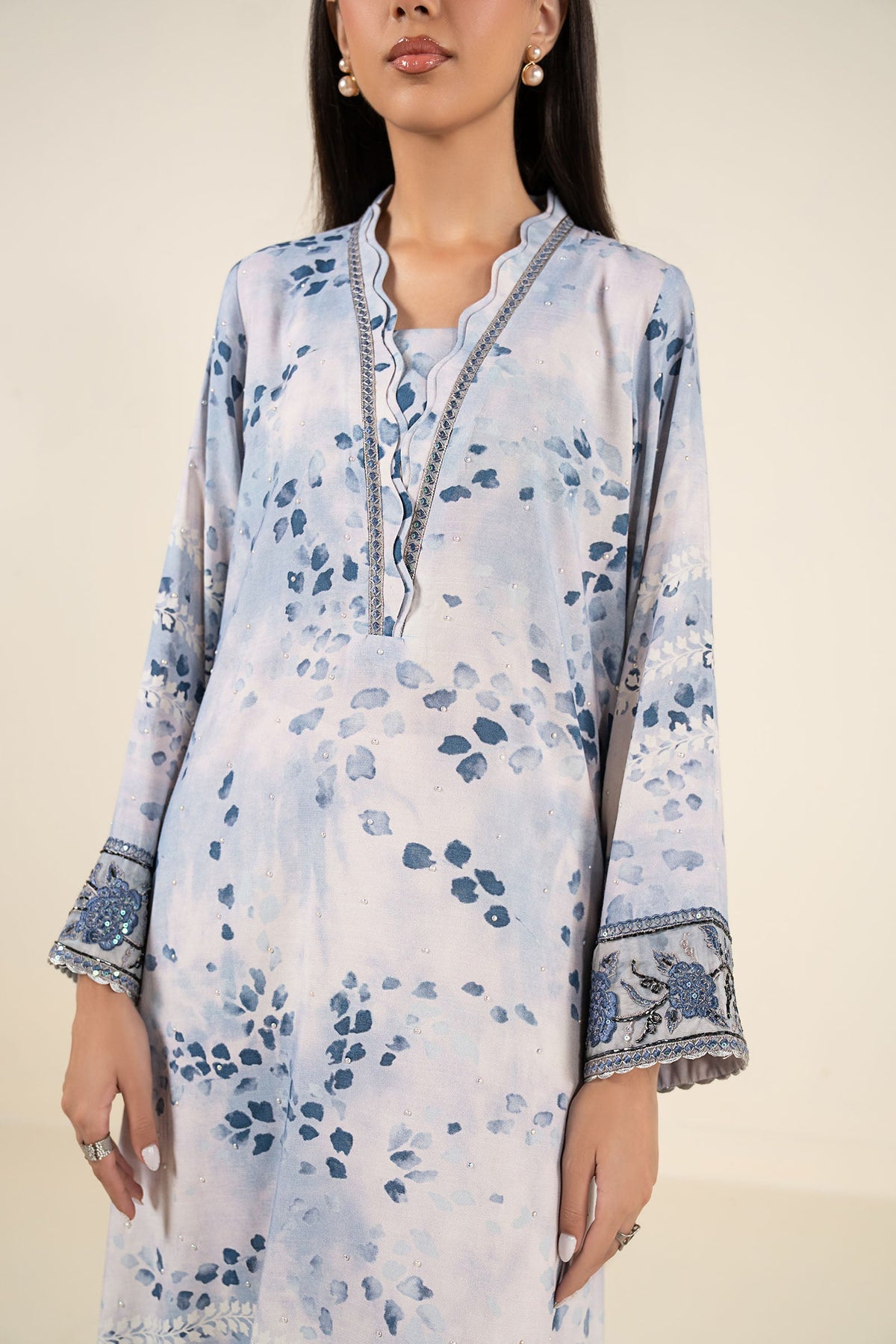 Embroidered Raw Silk Shirt - MBF2615-ESM-BLU
