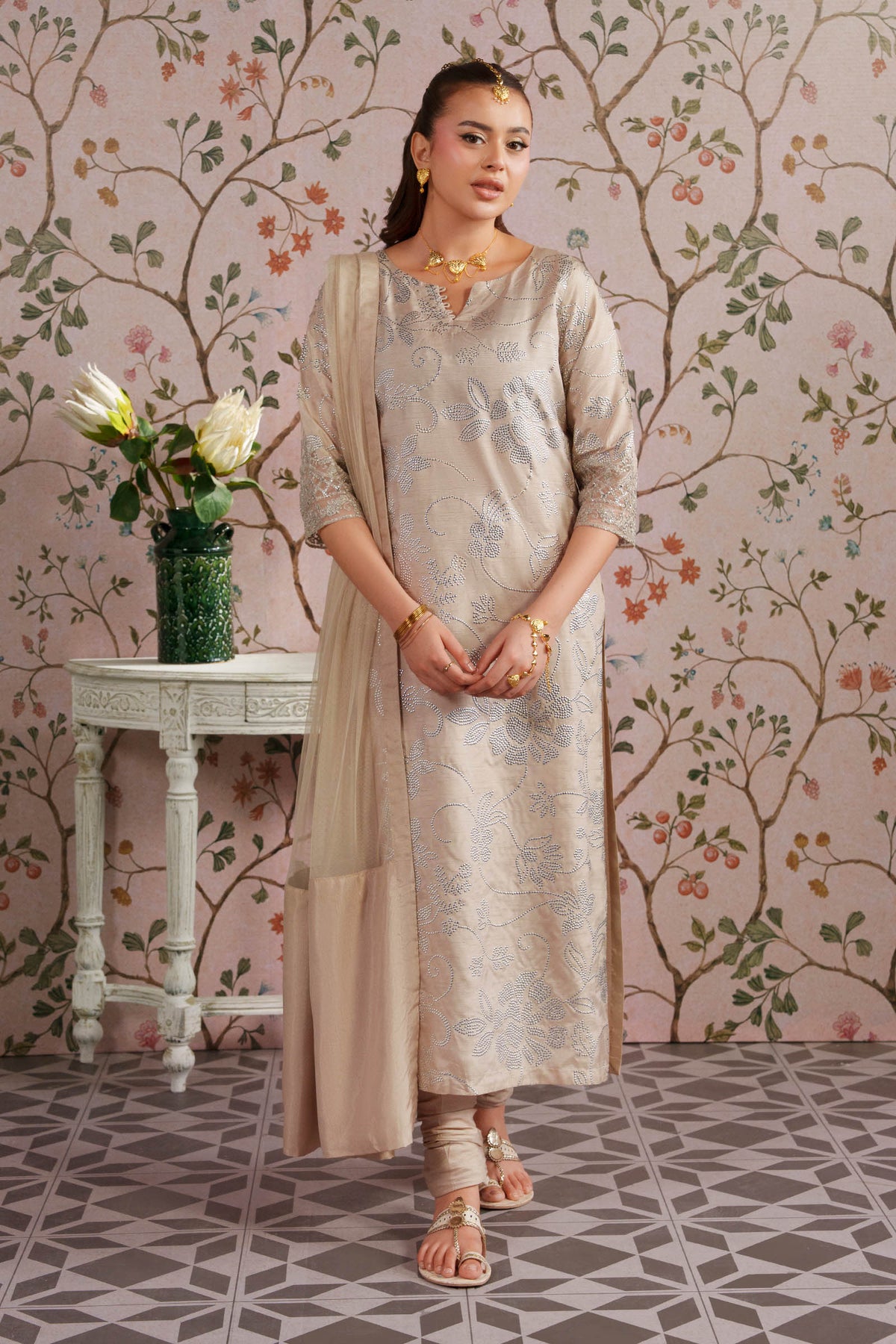 2 Pc Embellished Bamberg Raw Silk Suit - MBF2643-ESM-BEG
